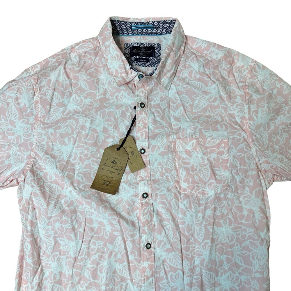 Across The Pond Button Down Shirt Mens XL Pink Short‎ Sleeve Floral Colorful New